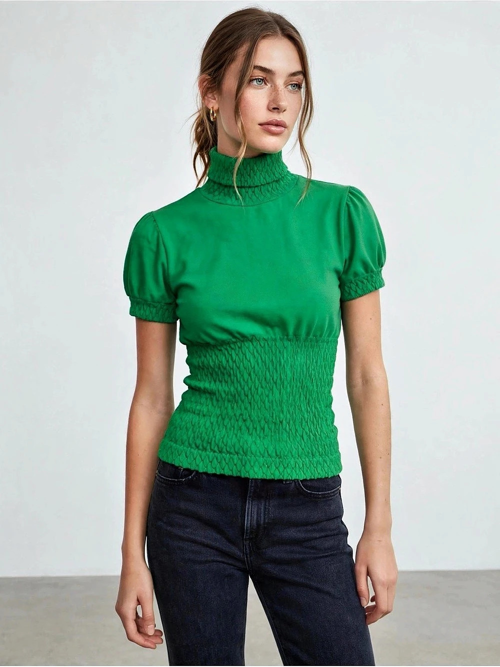 bebe Green Smocked Turtleneck Top Size Small